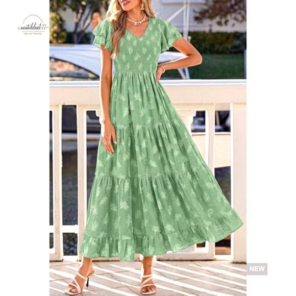 Maxi Dress with Ruffle Sleeves V Neck Smocked A Line Floral Boho Tiered Sundress - Picture 2 of 7